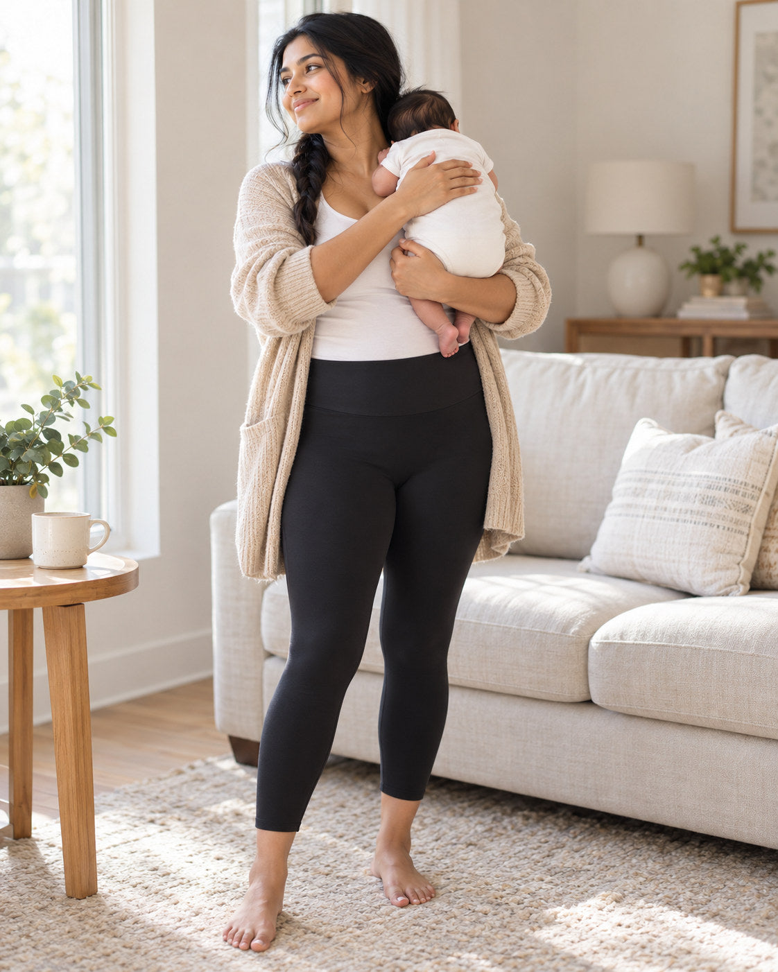 New mom in black postpartum leggings at home, her newborn asleep on her shoulder