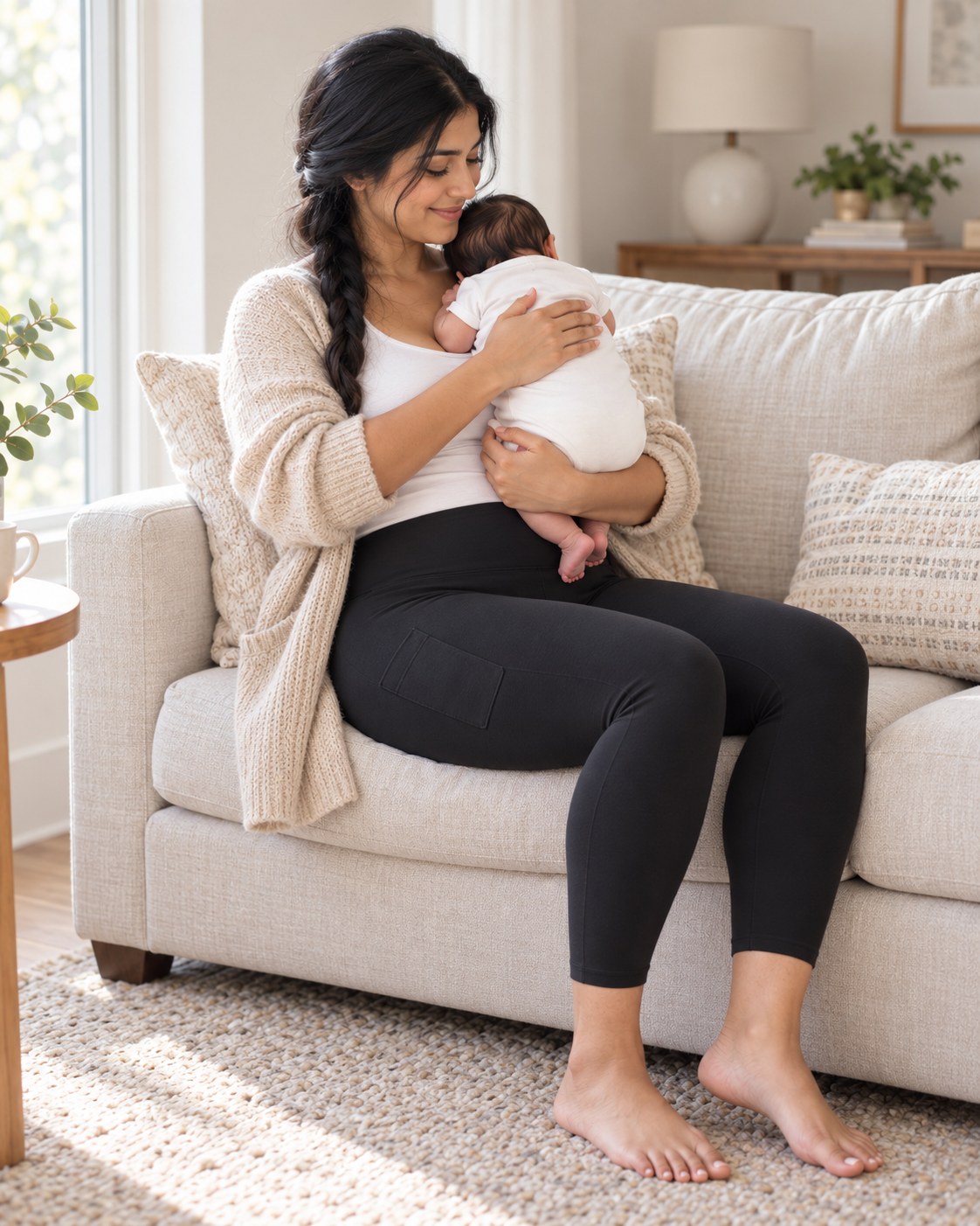New mom in black postpartum leggings cradling her newborn on the sofa at home